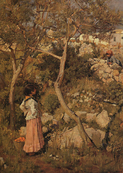 John William Waterhouse Two Little Italian Girls By a Village